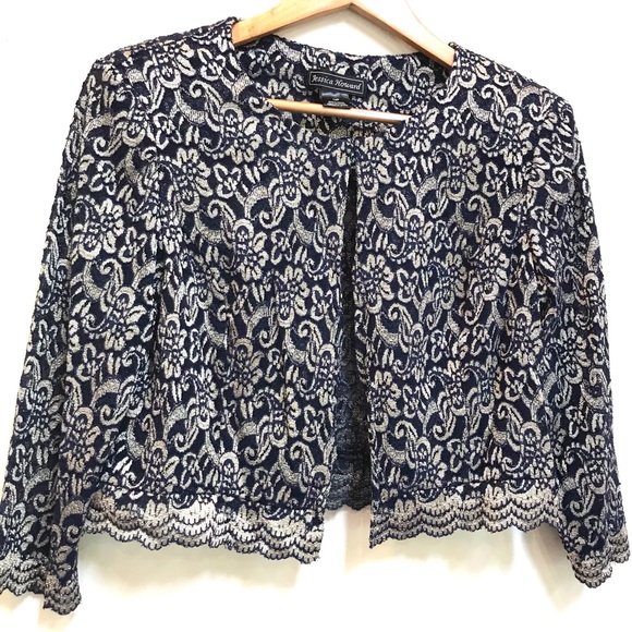 Jessica Howard Vintage Blue and Gold Floral Cropped Jacket (14P) - Picture 2 of 7